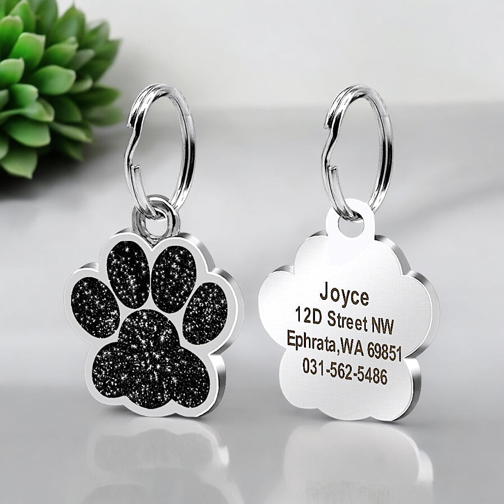 Engraved Glittery Paw Pet Tag